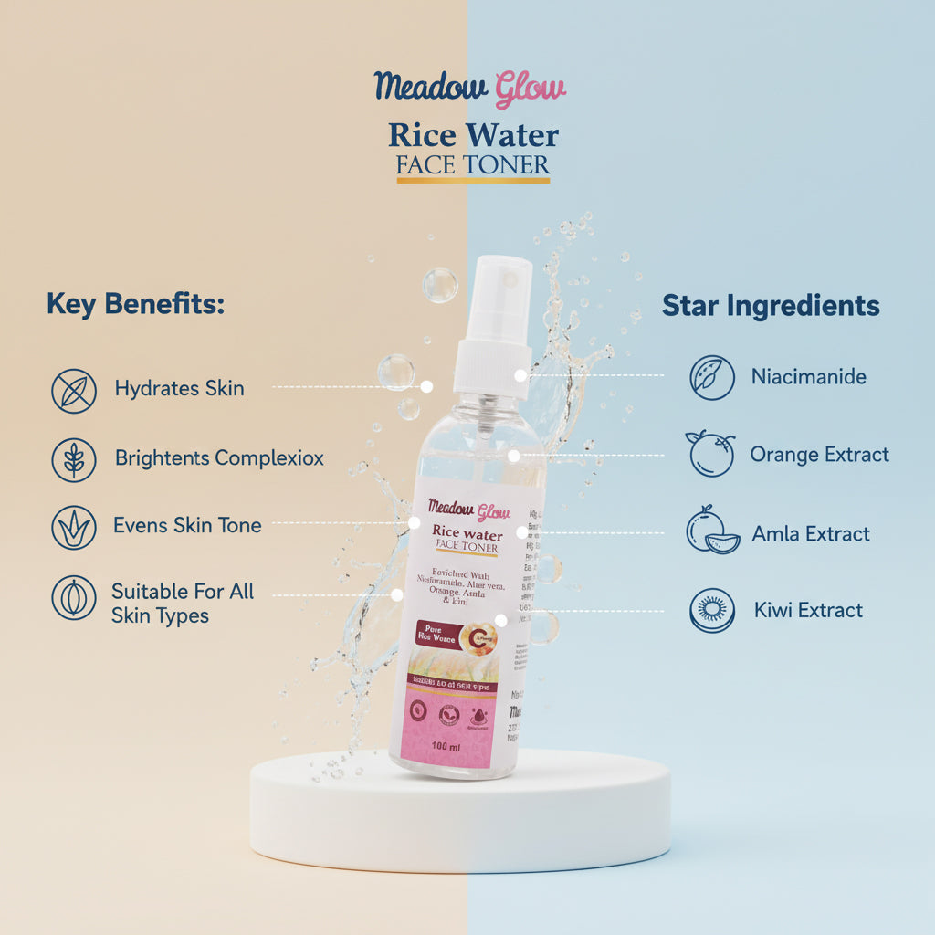 Meadow Glow Rice Water Face Toner | Hydrating and Brightening Toner with Niacinamide | Aloe Vera, Orange, Amla and Kiwi 100ml