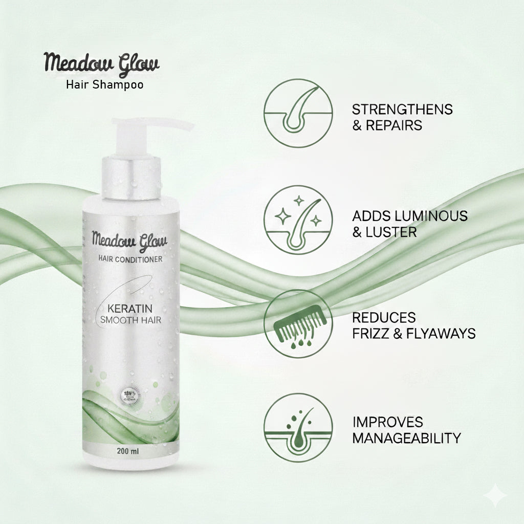 Meadow Glow Keratin Smooth Hair Conditioner | Strengthens, Nourishes and Smoothens | Extra Dry, Frizzy and Damaged Hair | Silky and Healthy Hair 200ml