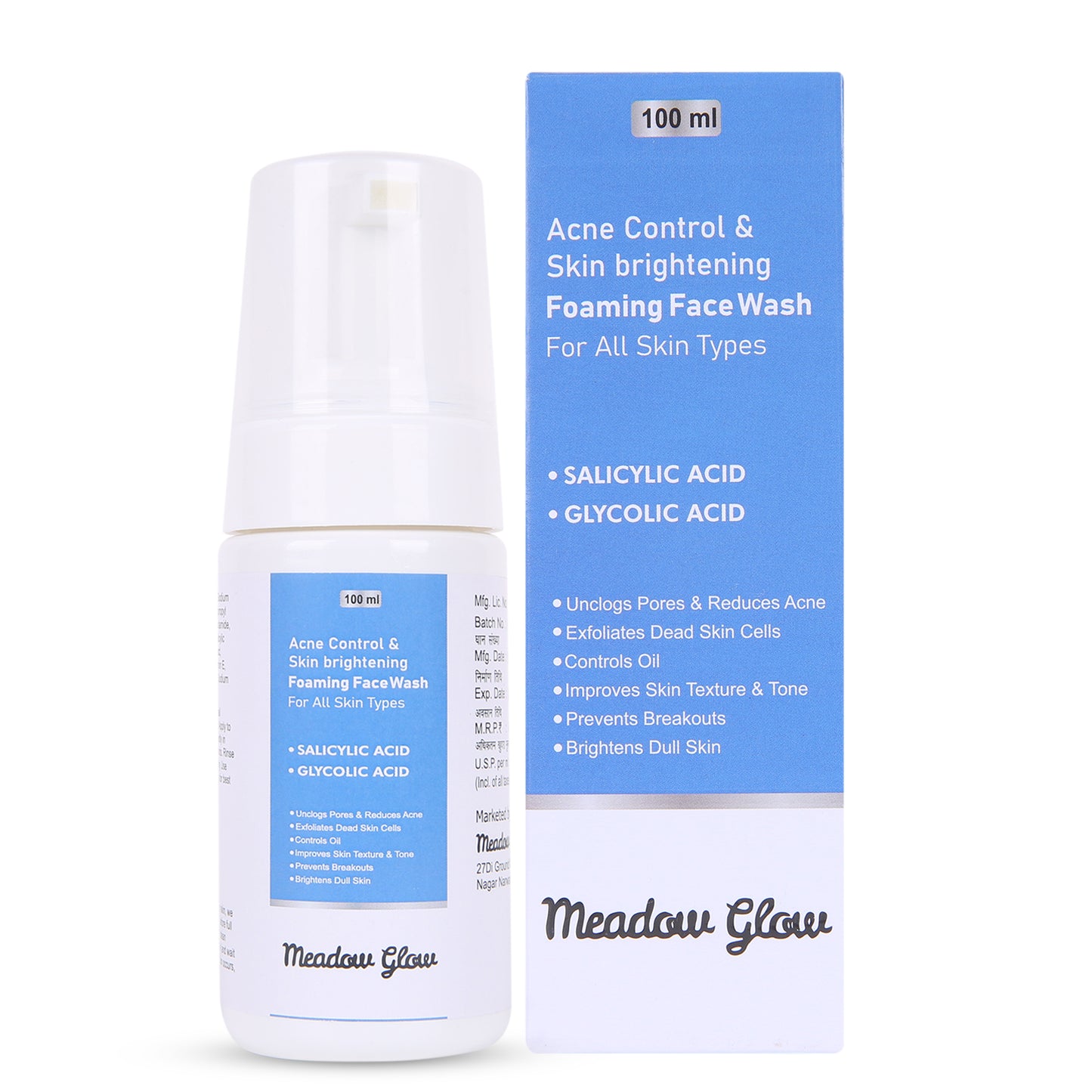 Meadow Glow | Foaming Face Wash for Acne Control & Skin Brightening | With Salicylic & Glycolic Acid | 100 ml | For All Skin Types