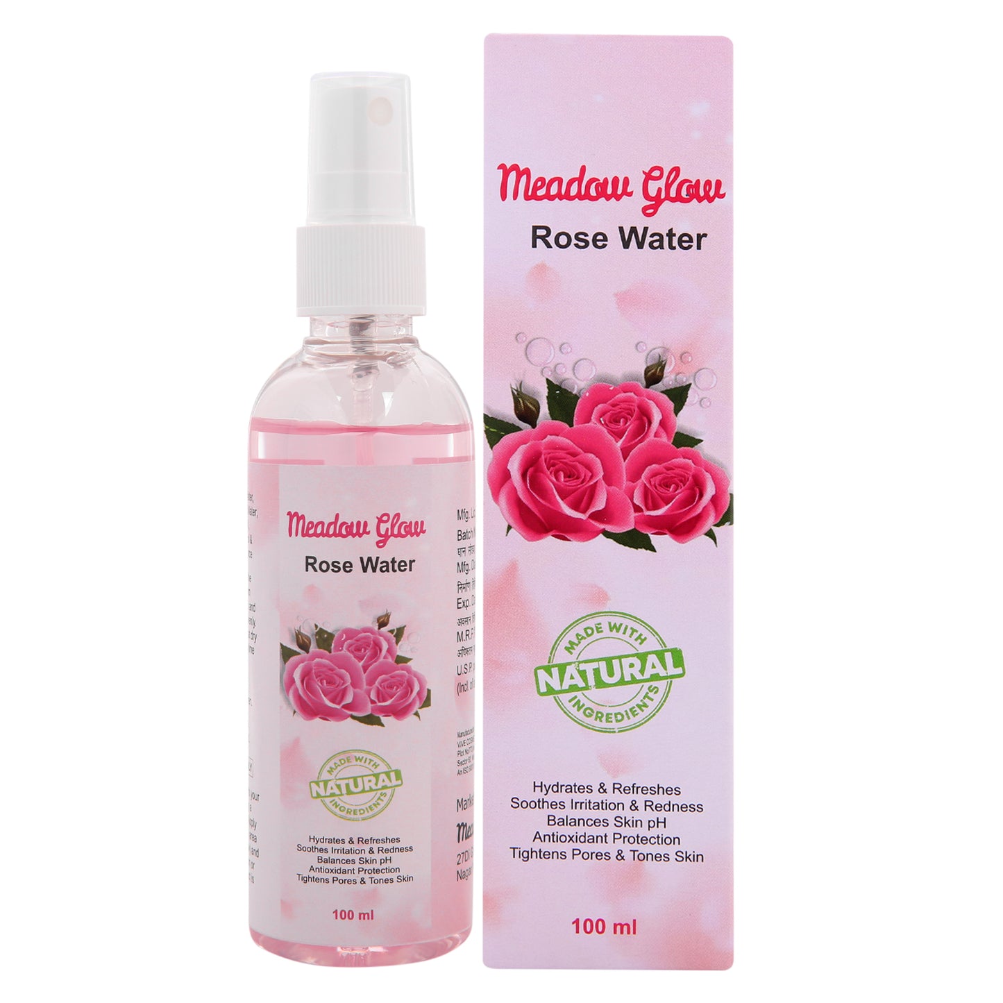 Meadow Glow Natural Rose Water Facial Toner | Hydrating, Antioxidant Protection, pH Balancing | Pore Tightening 100ml