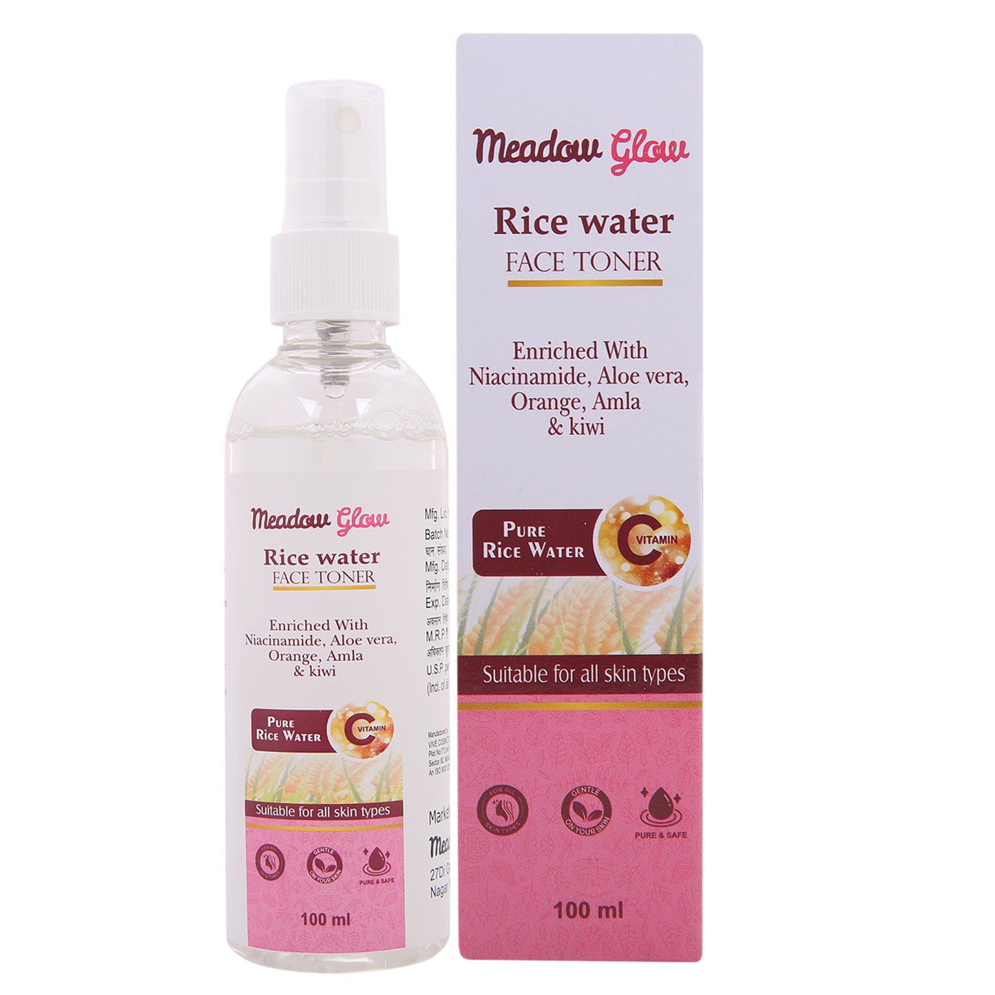 Meadow Glow Rice Water Face Toner | Hydrating and Brightening Toner with Niacinamide | Aloe Vera, Orange, Amla and Kiwi 100ml