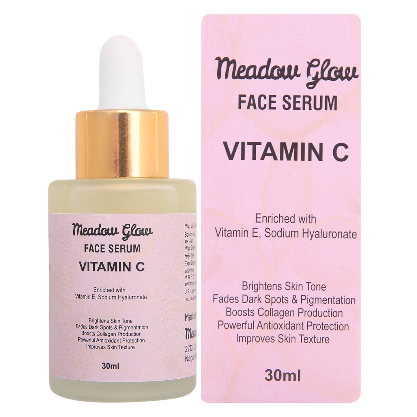 Meadow Glow Vitamin C Face Serum with Vitamin E | Sodium Hyaluronate, Brightening | Dark Spot Fading, Collagen Boosting, 30ml