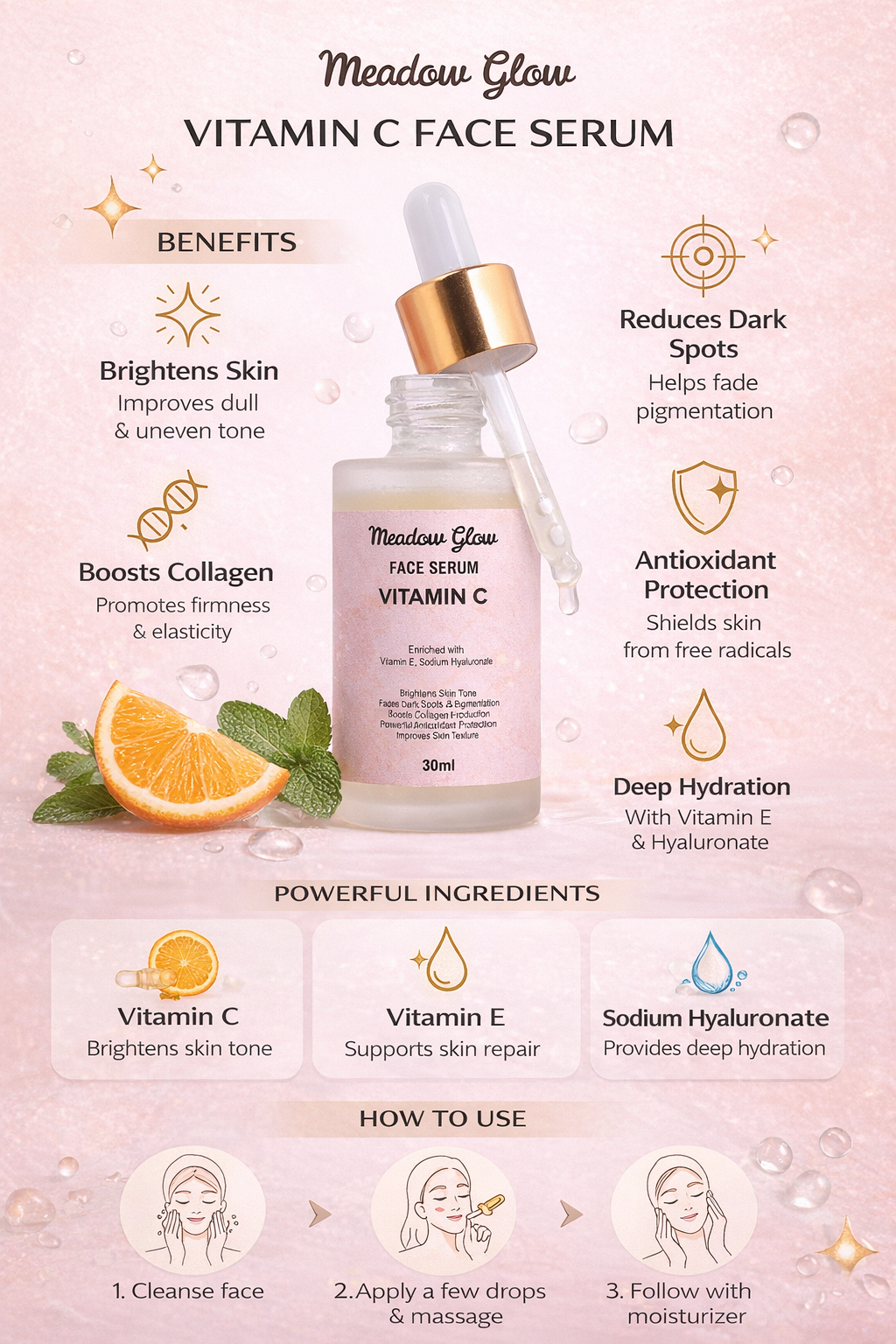 Meadow Glow Vitamin C Face Serum with Vitamin E | Sodium Hyaluronate, Brightening | Dark Spot Fading, Collagen Boosting, 30ml