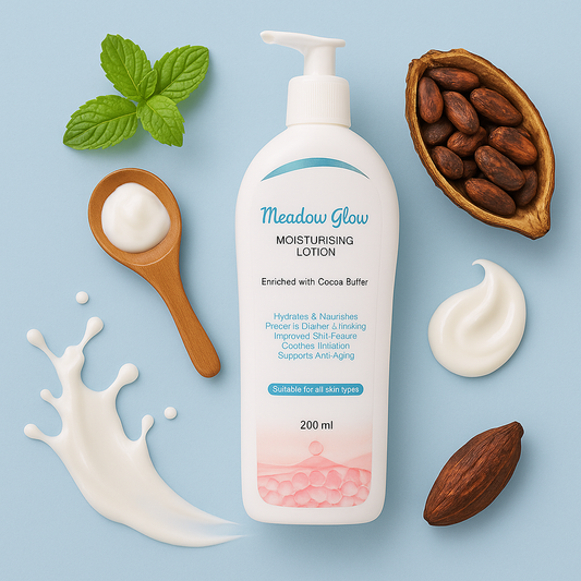 Meadow Glow Moisturising Lotion | Cocoa Butter Enriched Anti-Aging Body Lotion | Hydrating & Nourishing Formula for All Skin Types | 200 ml Bottle