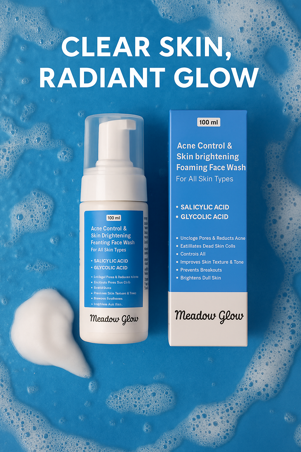 Meadow Glow | Foaming Face Wash for Acne Control & Skin Brightening | With Salicylic & Glycolic Acid | 100 ml | For All Skin Types