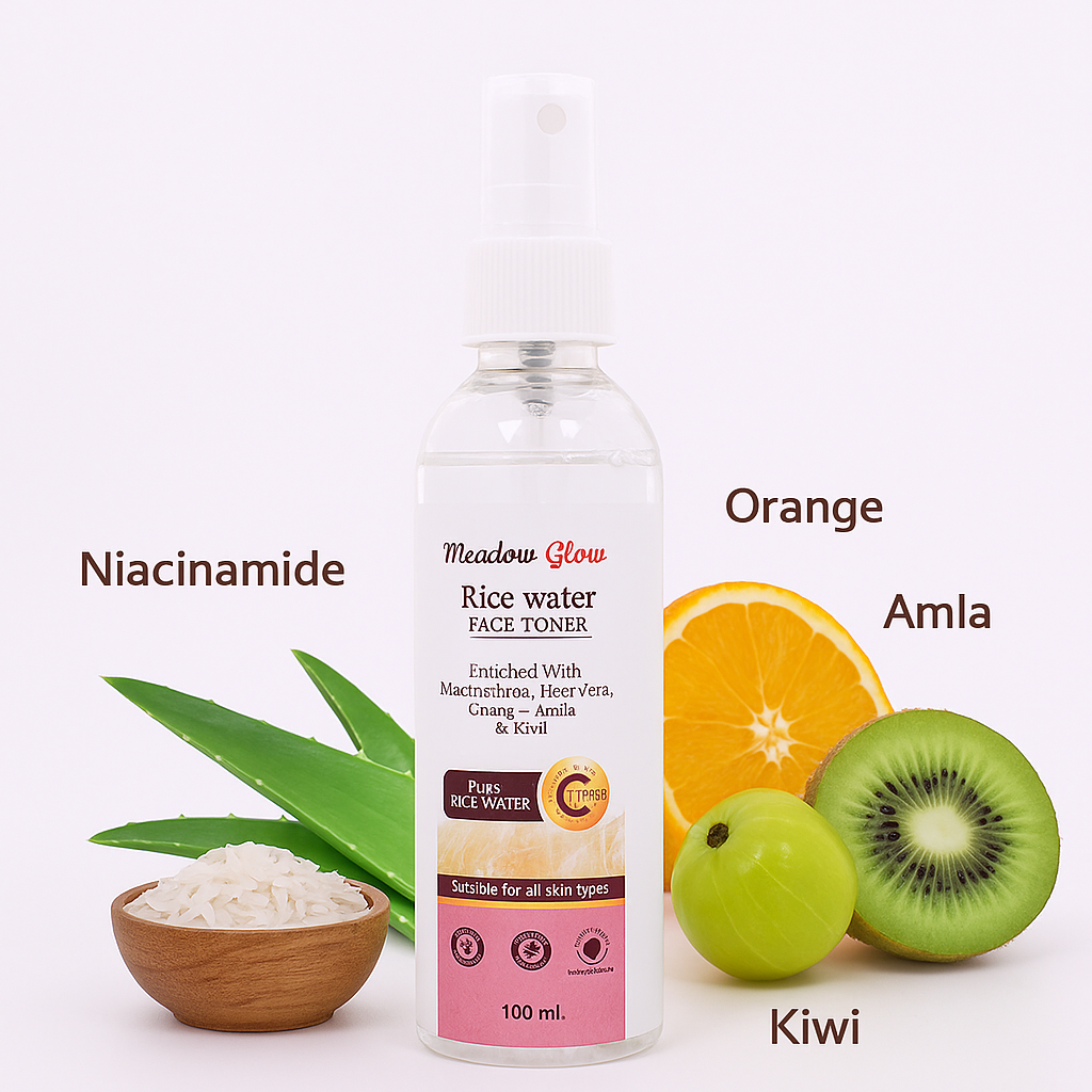 Meadow Glow Rice Water Face Toner | Hydrating and Brightening Toner with Niacinamide | Aloe Vera, Orange, Amla and Kiwi 100ml