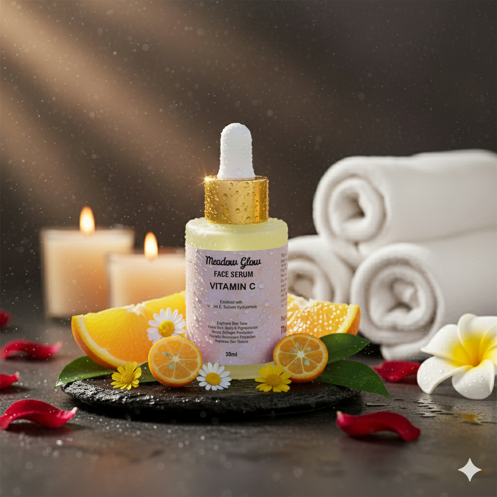 Meadow Glow Vitamin C Face Serum with Vitamin E | Sodium Hyaluronate, Brightening | Dark Spot Fading, Collagen Boosting, 30ml