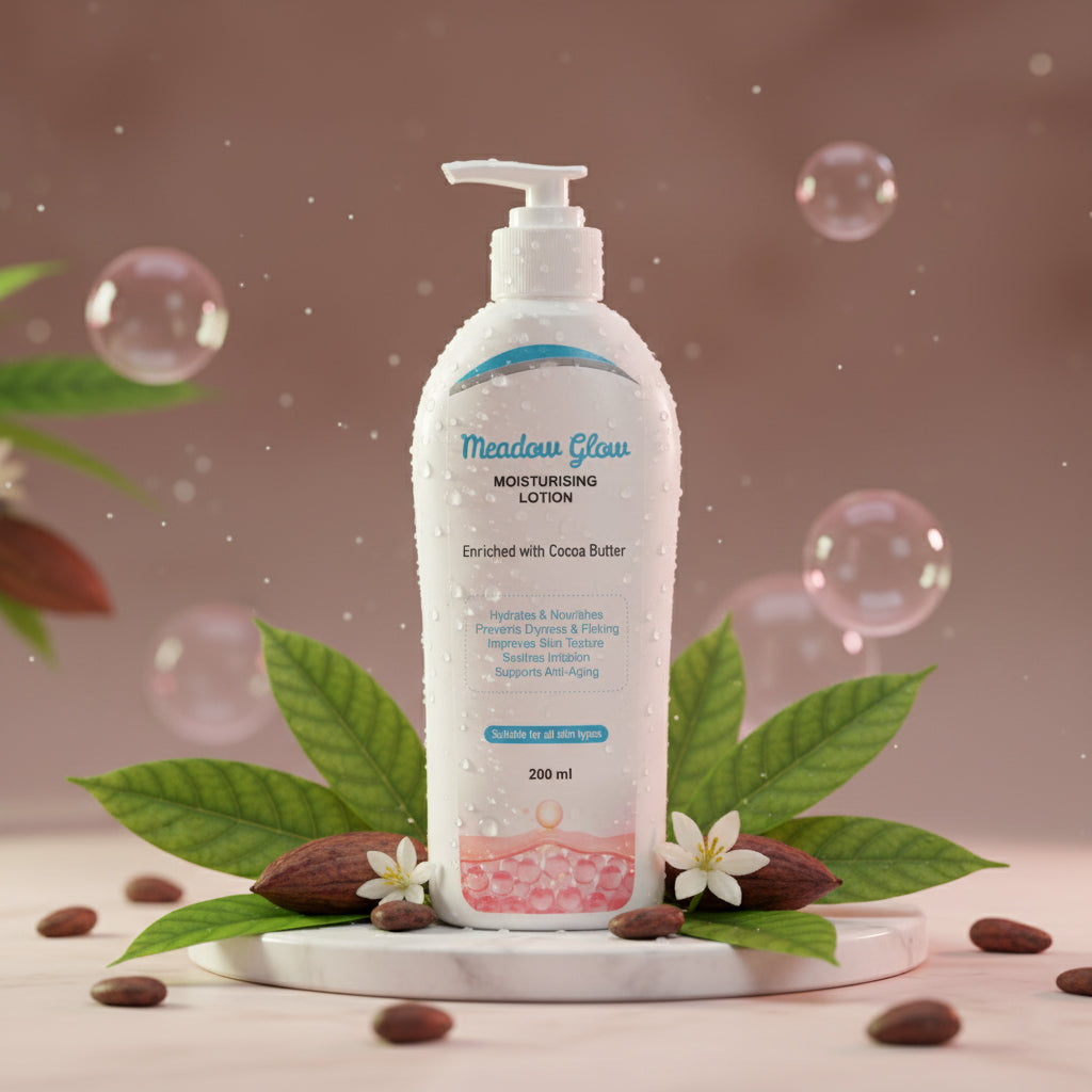 Meadow Glow Moisturising Lotion | Cocoa Butter Enriched Anti-Aging Body Lotion | Hydrating & Nourishing Formula for All Skin Types | 200 ml Bottle