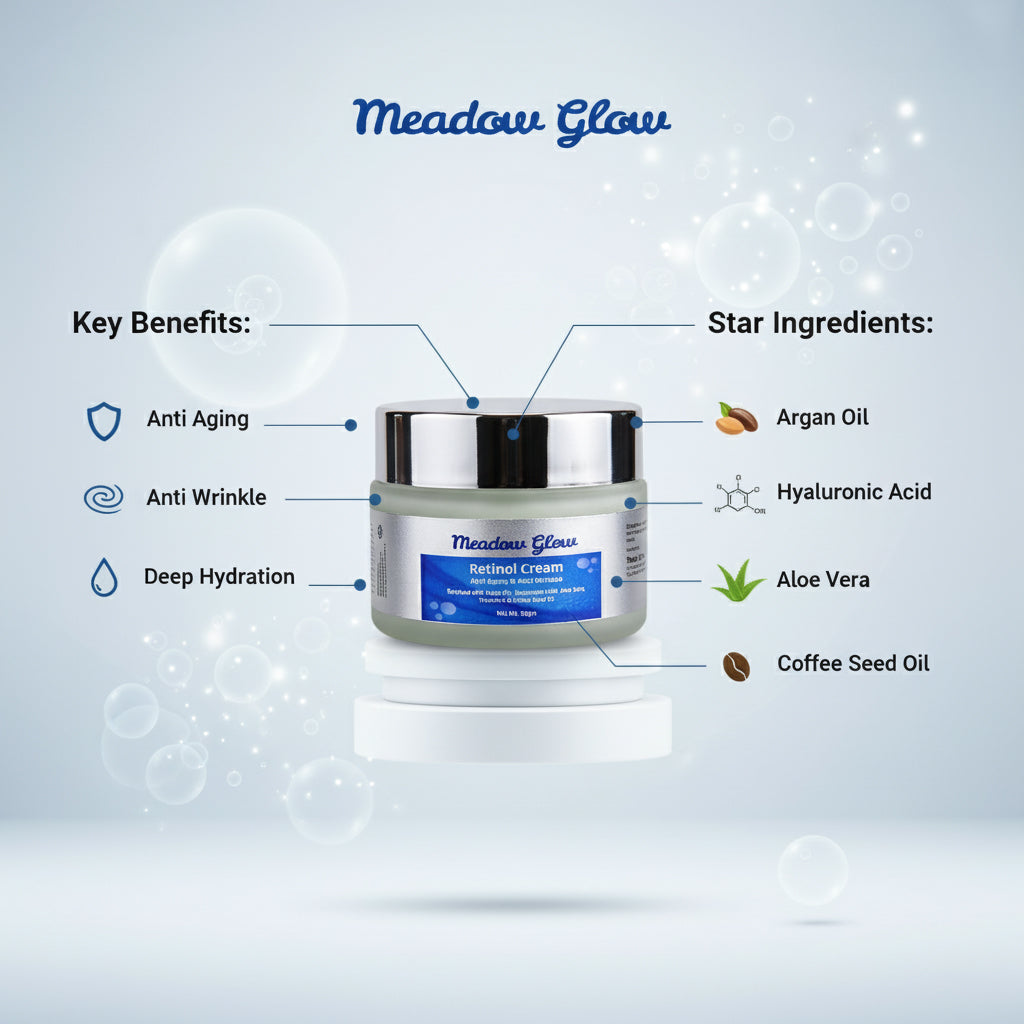Meadow Glow Retinol Cream with Argan Oil | Hyaluronic Acid, Aloe Vera, Coffee Seed Oil | Anti Aging Anti Wrinkle Face Moisturizer ( 50gm )