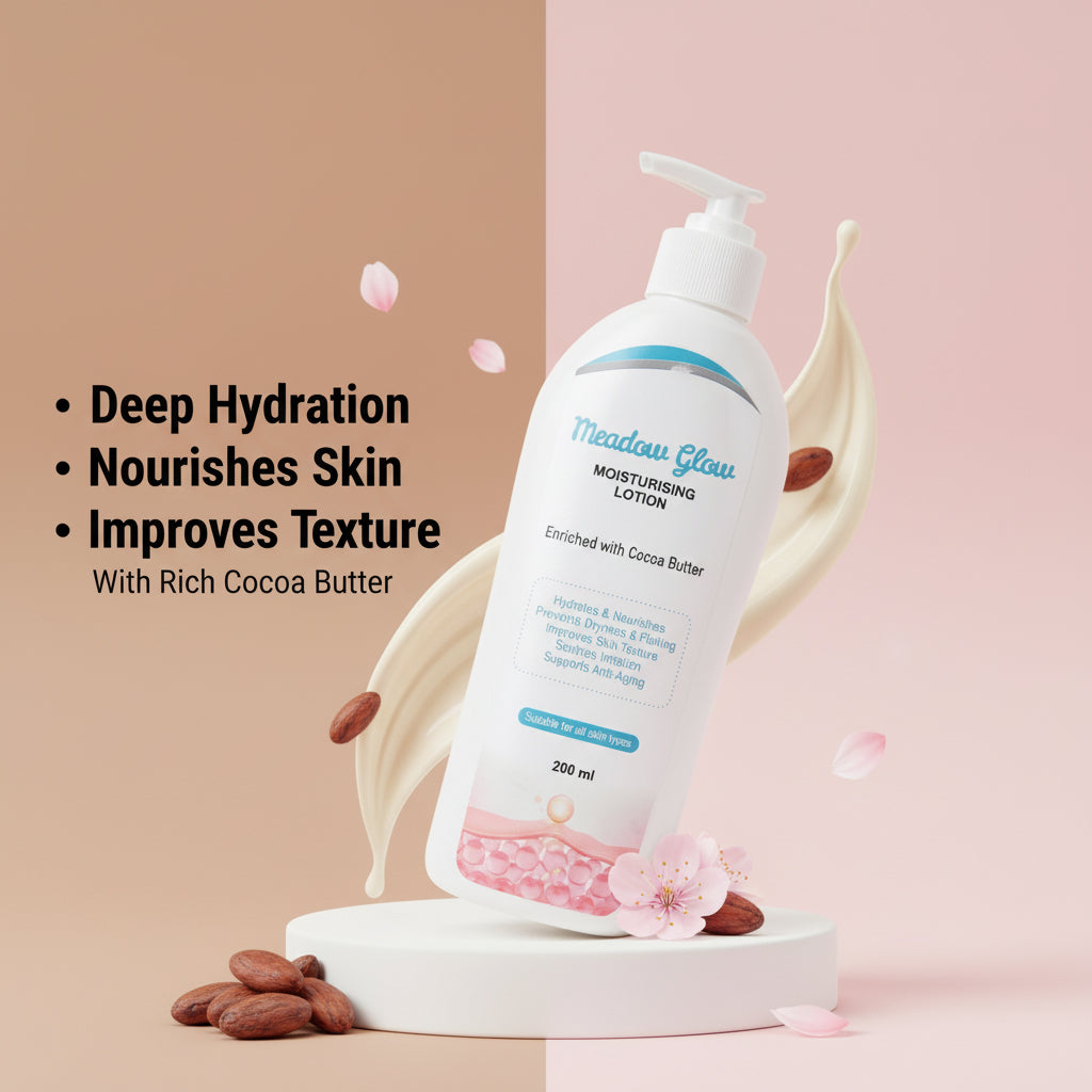 Meadow Glow Moisturising Lotion | Cocoa Butter Enriched Anti-Aging Body Lotion | Hydrating & Nourishing Formula for All Skin Types | 200 ml Bottle