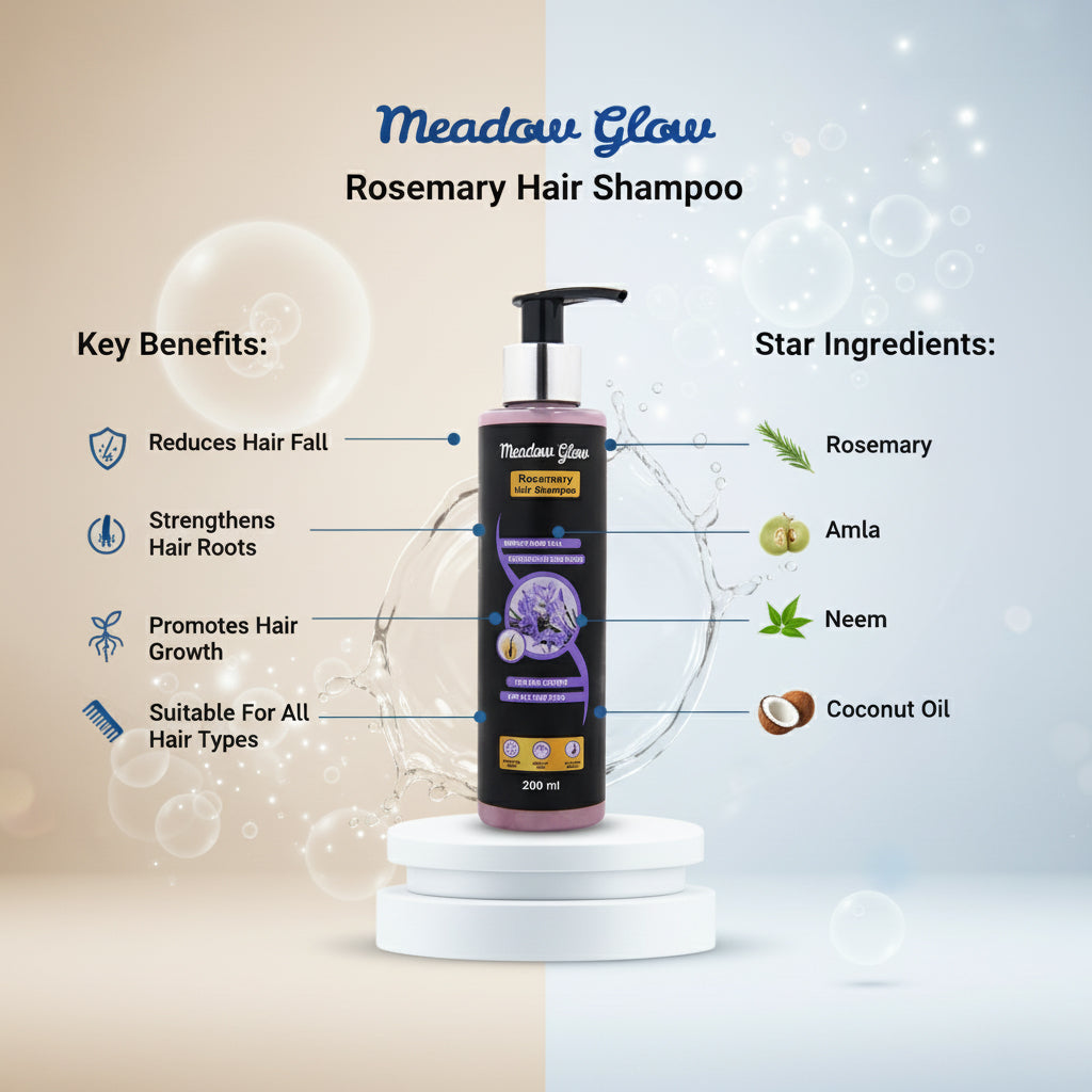 Meadow Glow Rosemary Hair Shampoo | Reduces Hair Fall, Strengthens Roots and Promotes Hair Growth | Gentle on Scalp and Cruelty-Free | For All Hair Types 200ml