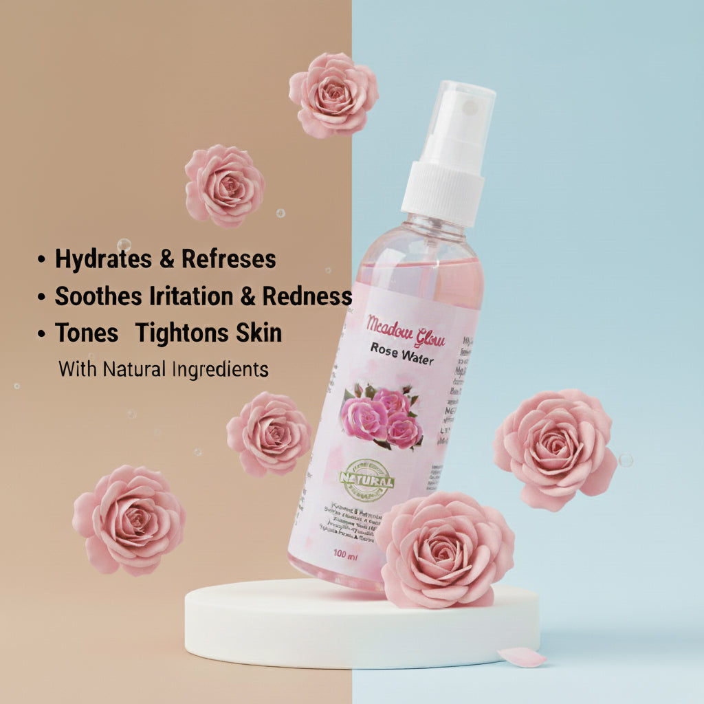 Meadow Glow Natural Rose Water Facial Toner | Hydrating, Antioxidant Protection, pH Balancing | Pore Tightening 100ml